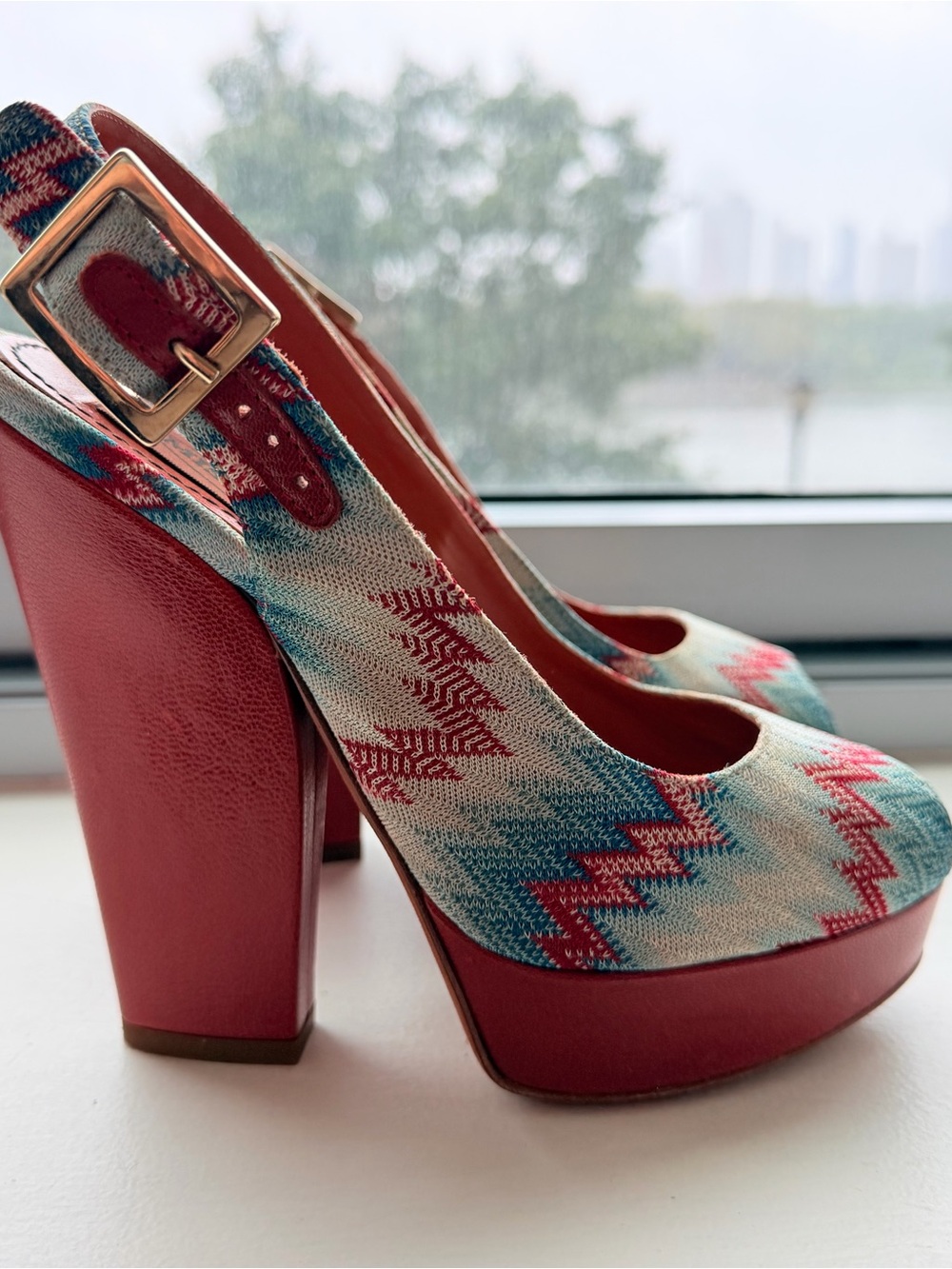 Missoni Red Multicolor Patterned Platform Slingback Heels